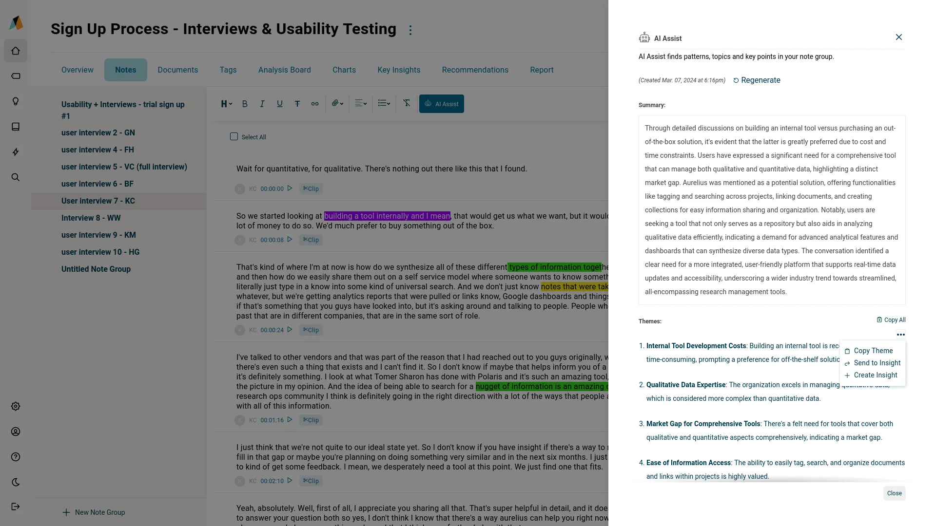 AI Assist for Aurelius - Automatically generate a summary paragraph and key themes from any research data - turn them into searchable key insights in seconds