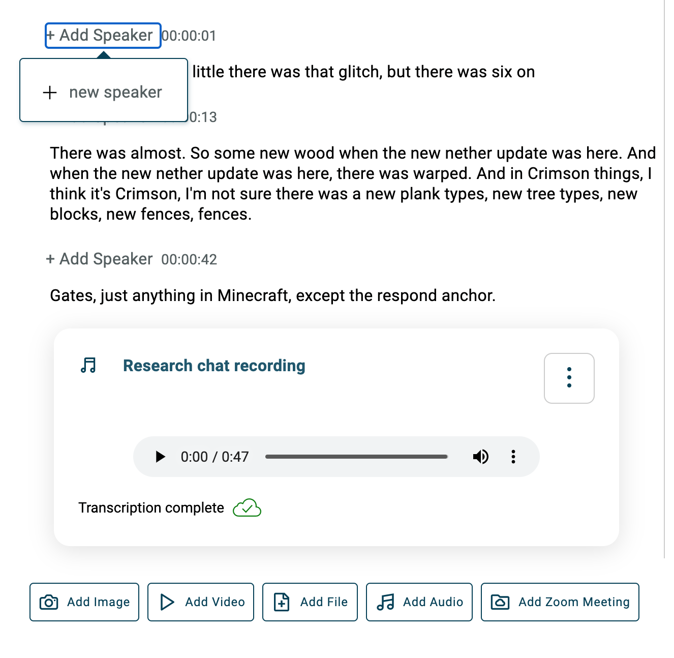 transcription speaker data from UX research transcripts in Aurelius