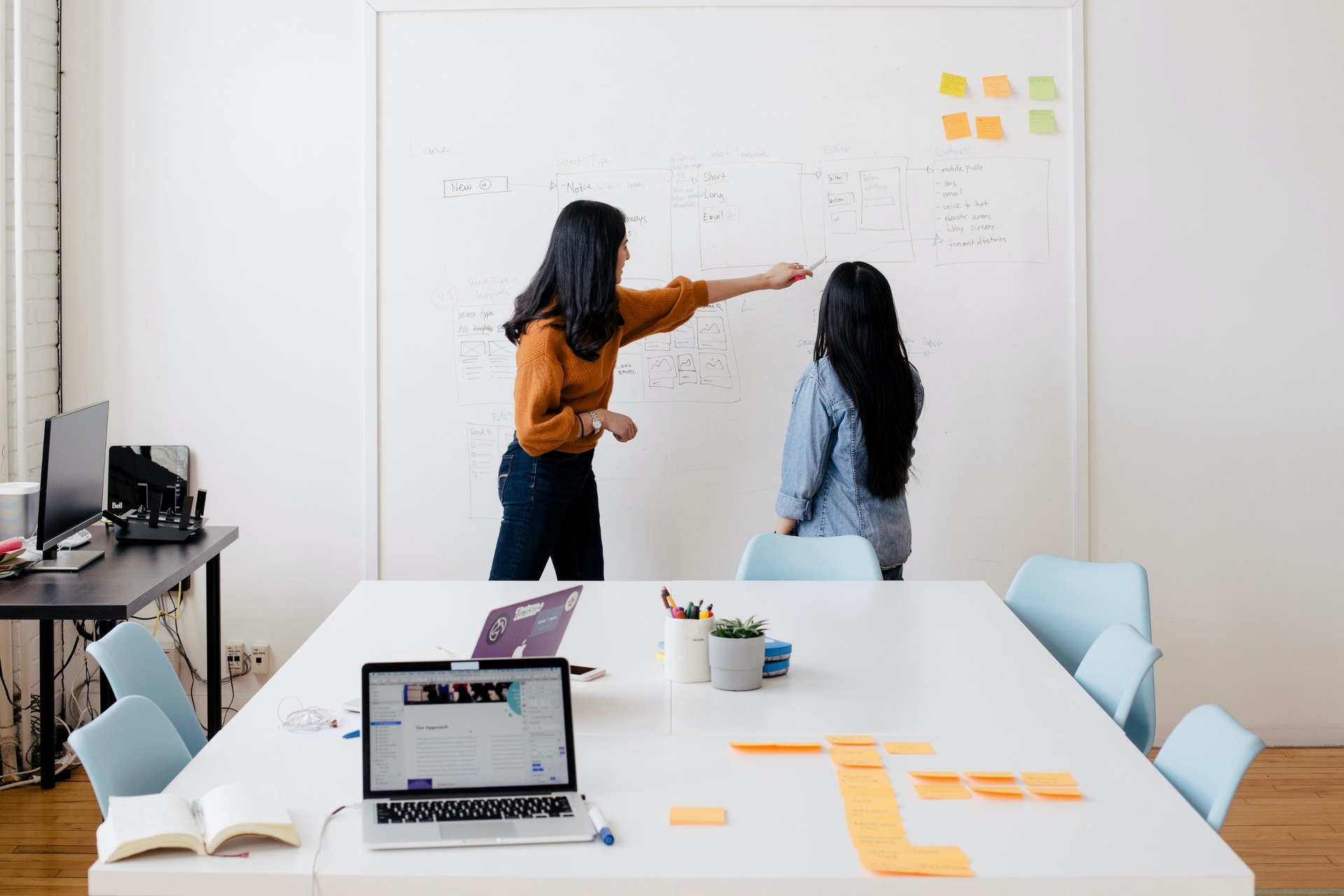 two people working with post-it notes on a whiteboard