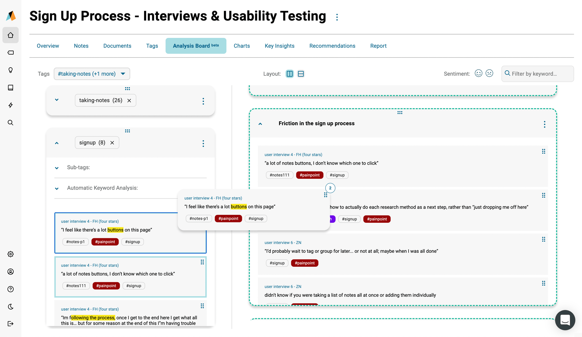 Analysis Board for UX Research Synthesis & Creating Affinity Diagrams