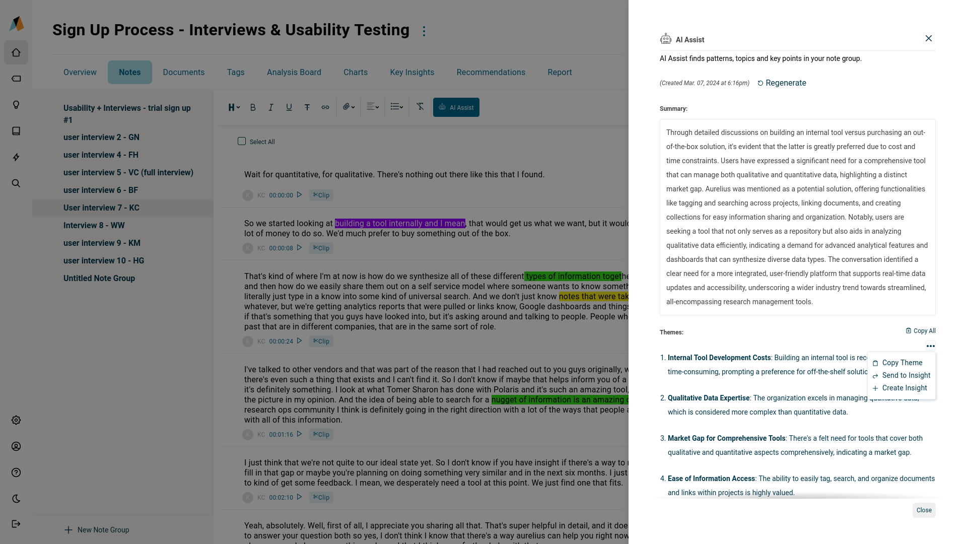 AI Assist for Aurelius - Automatically generate a summary paragraph and key themes from any research data - turn them into searchable key insights in seconds