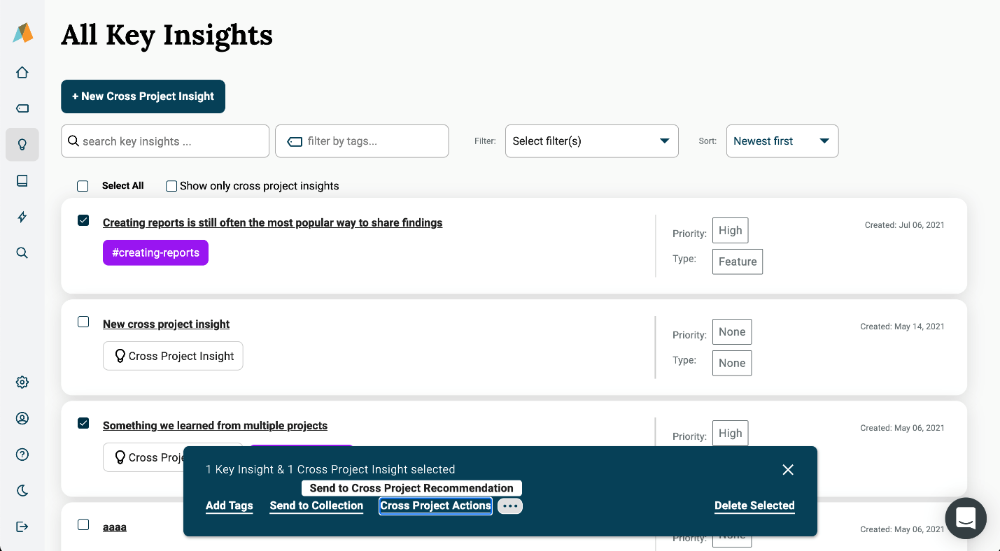 Creating cross project recommendations from the all insights page in Aurelius